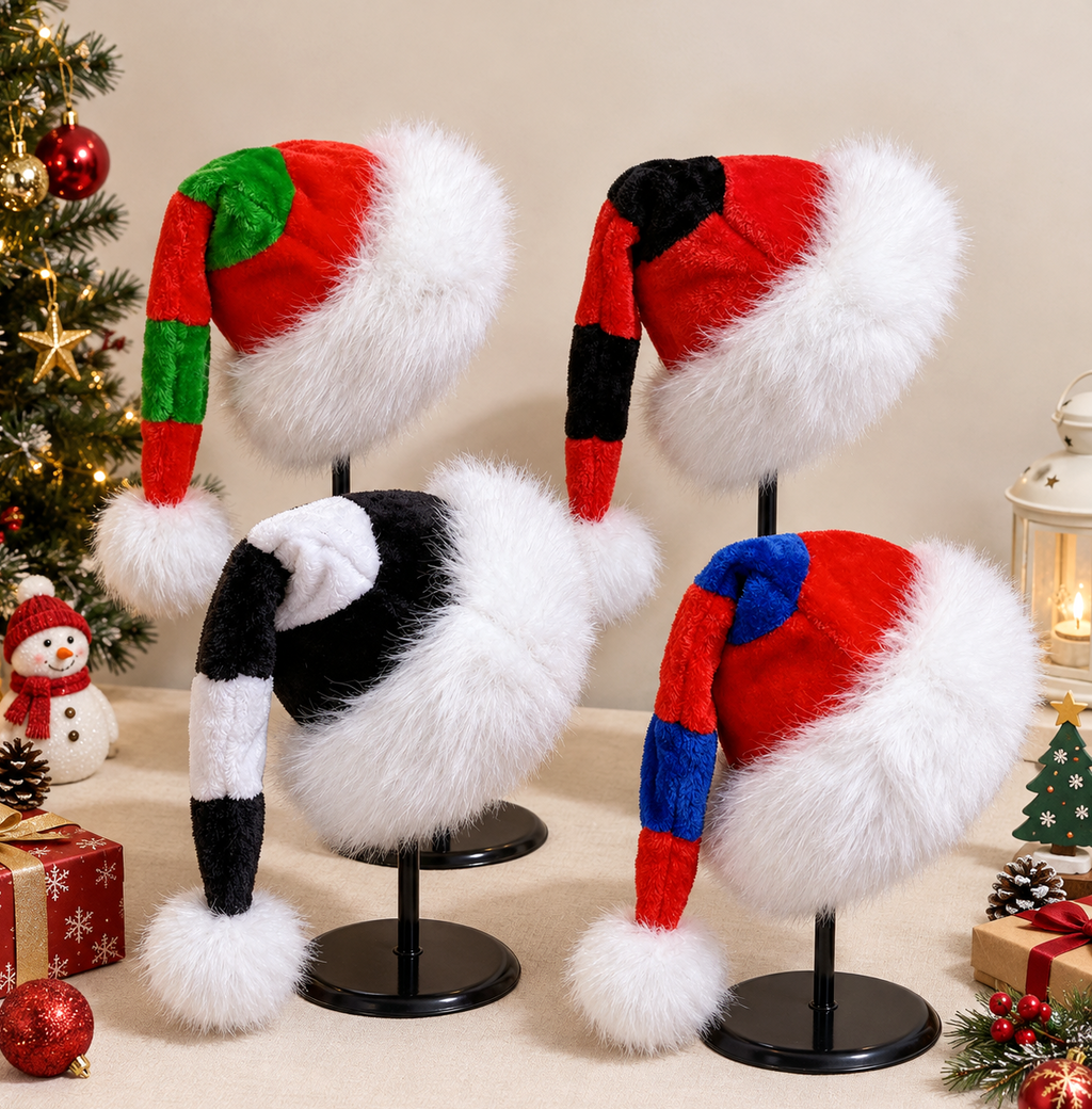 Long Tail Striped Santa Beanie with Faux Fur Cuff