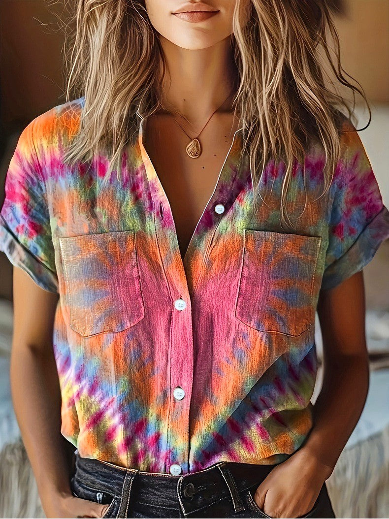 Retro Tie Dye Short Sleeve Camp Shirt - Tie-dye - 3