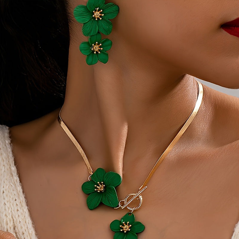 Flower Pendant Snake Chain Necklace Set - Green