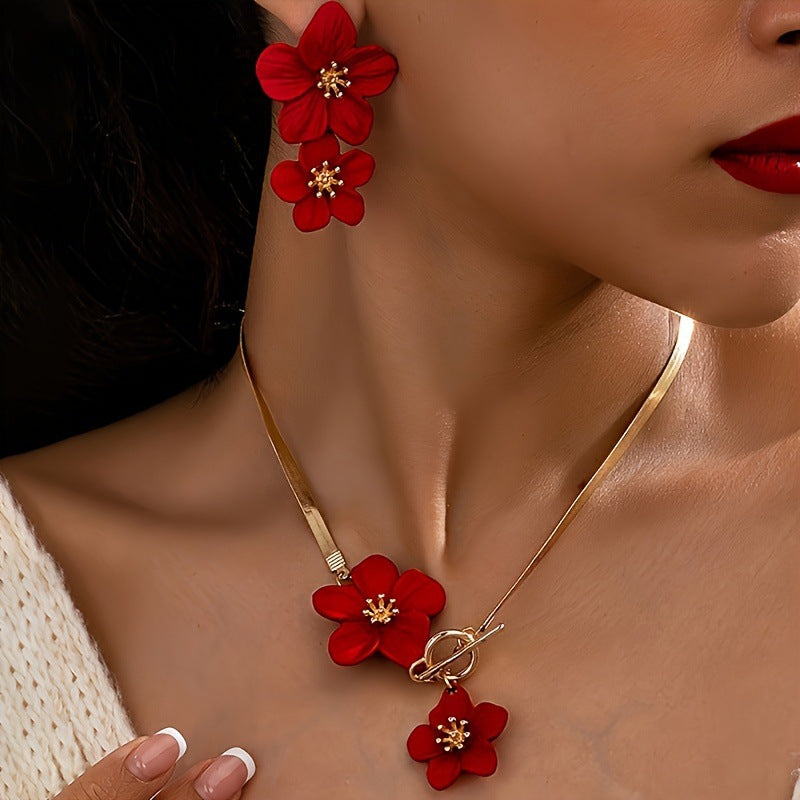 Flower Pendant Snake Chain Necklace Set - Red
