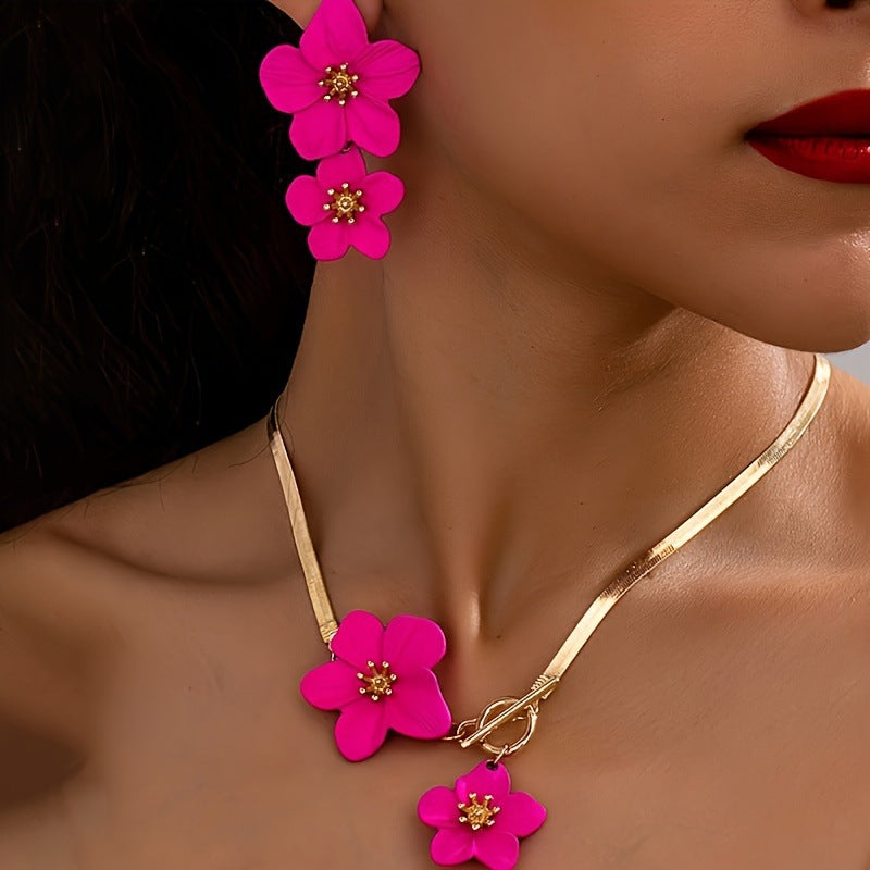 Flower Pendant Snake Chain Necklace Set - Rose