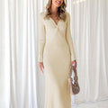 Ruched V Neck Long Sleeve Knit Dress - Beige