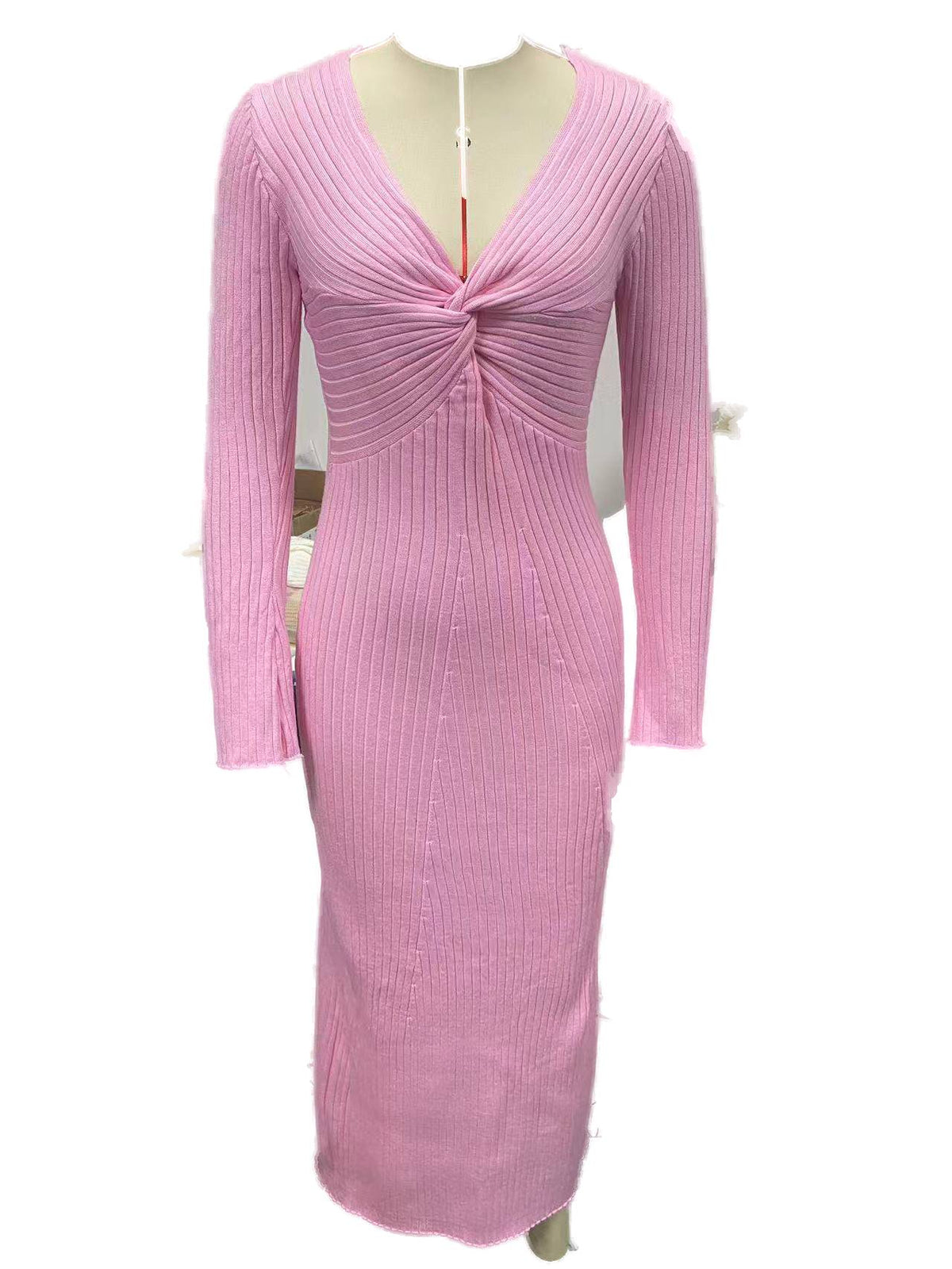 Ruched V Neck Long Sleeve Knit Dress - Pink - 4