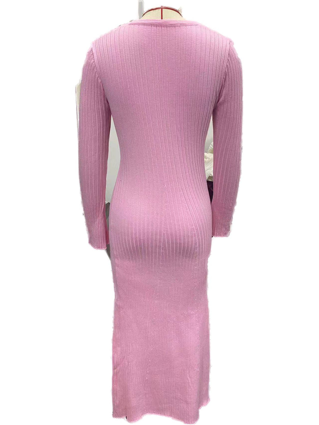 Ruched V Neck Long Sleeve Knit Dress - Pink - 5