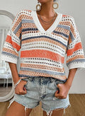 Oversized Striped Open Knit V Neck Top - Orange