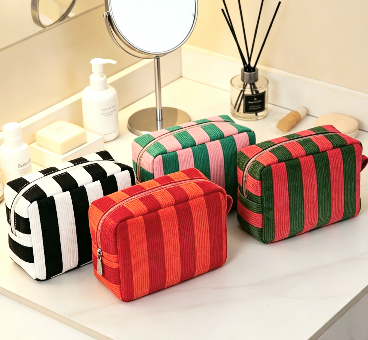 Bold Stripe Corduroy Boxy Cosmetic Pouch - GPink