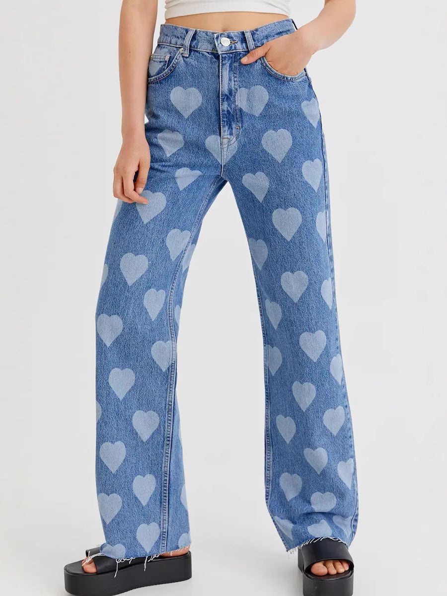 Heart Print High Waisted Wide Leg Jeans - Blue