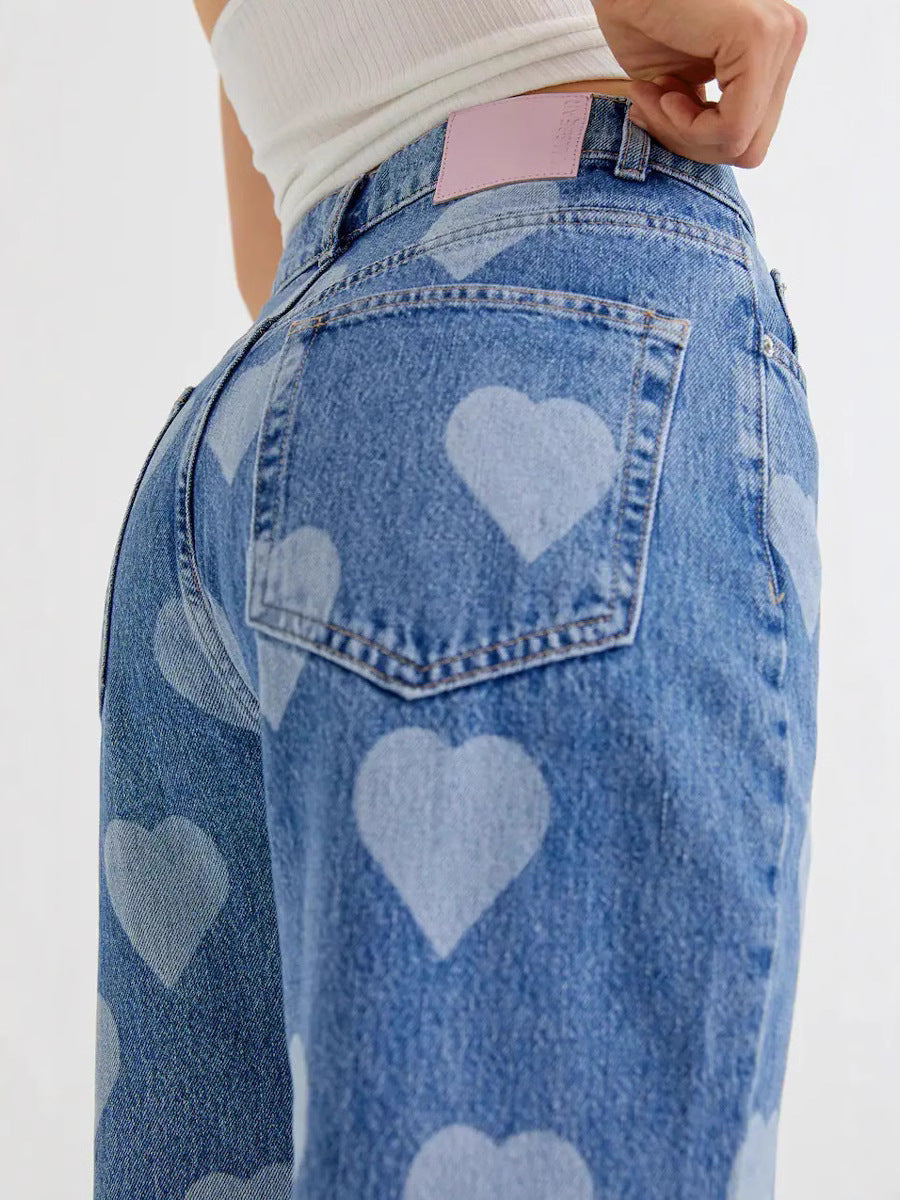 Heart Print High Waisted Wide Leg Jeans