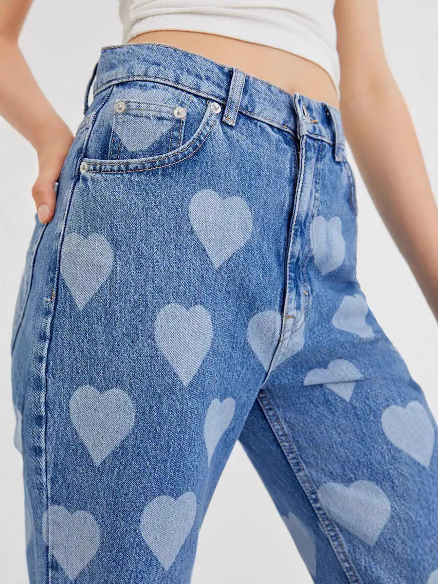 Heart Print High Waisted Wide Leg Jeans - view 2