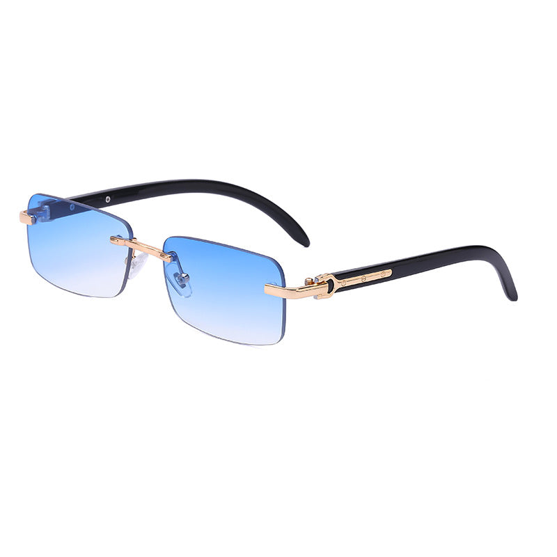 Rimless Rectangle Sunglasses With Wood Temples - Blue