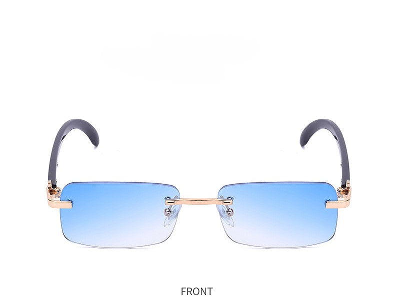 Rimless Rectangle Sunglasses With Wood Temples - Blue - 1