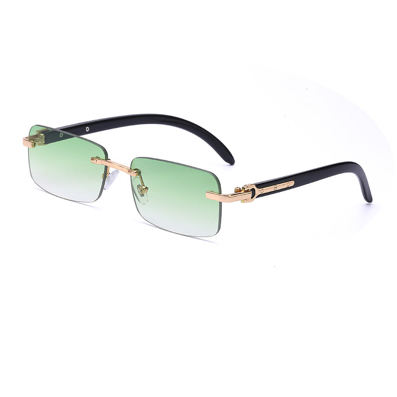 Rimless Rectangle Sunglasses With Wood Temples - Green