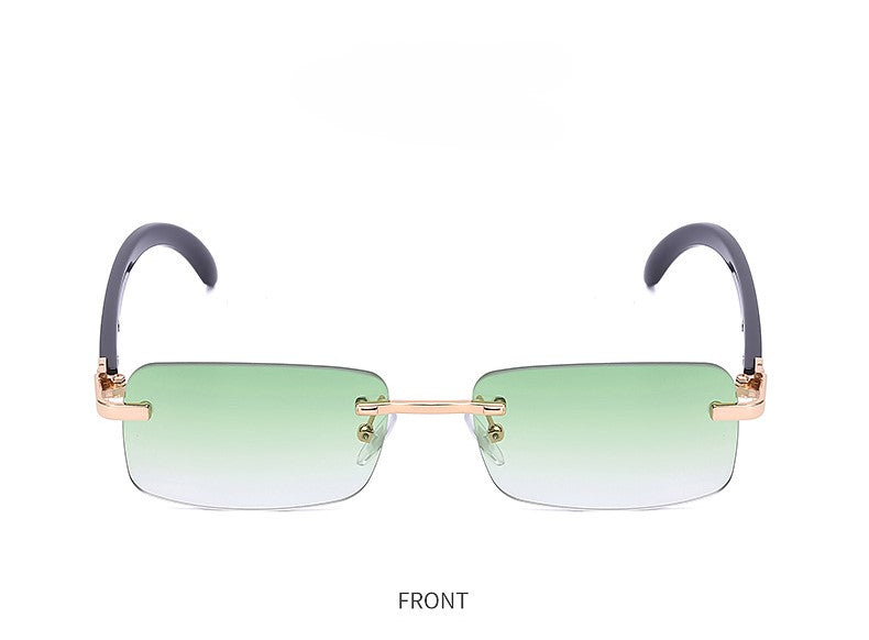 Rimless Rectangle Sunglasses With Wood Temples - Green - 3