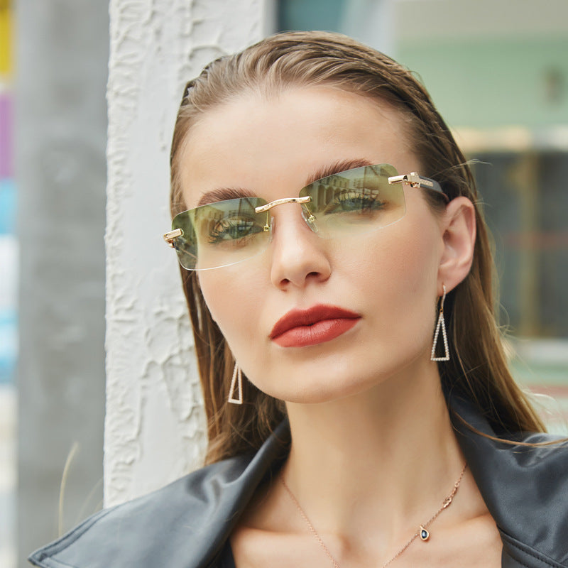 Rimless Rectangle Sunglasses With Wood Temples - Green - 4