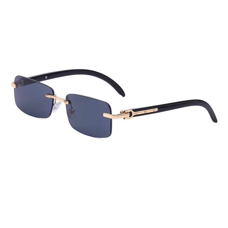 Rimless Rectangle Sunglasses With Wood Temples - Grey
