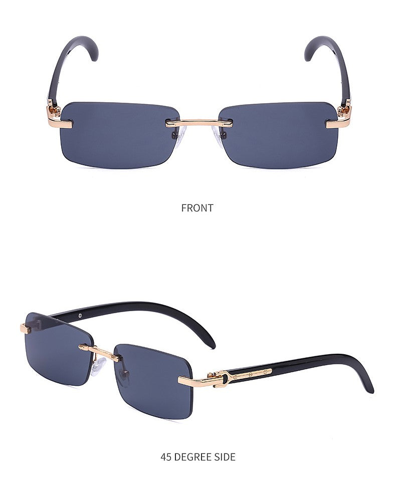 Rimless Rectangle Sunglasses With Wood Temples - Grey - 1