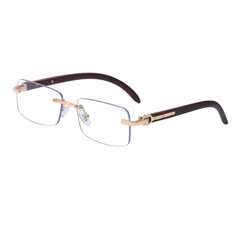 Rimless Rectangle Sunglasses With Wood Temples - Transparent