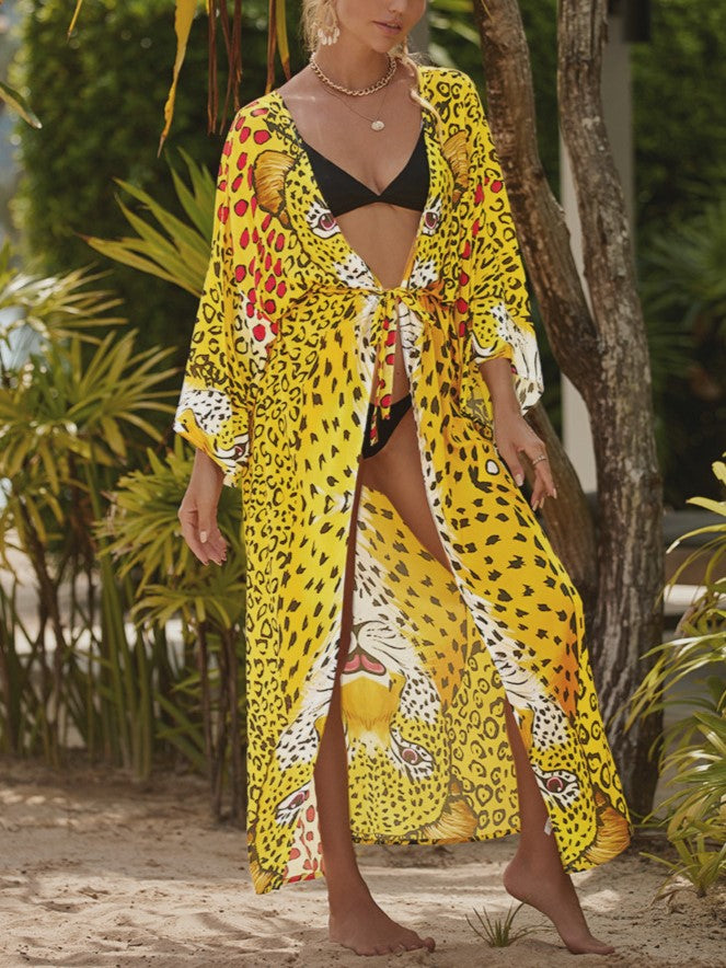 Tropical Print Open Front Beach Kimono - Yellow - 1