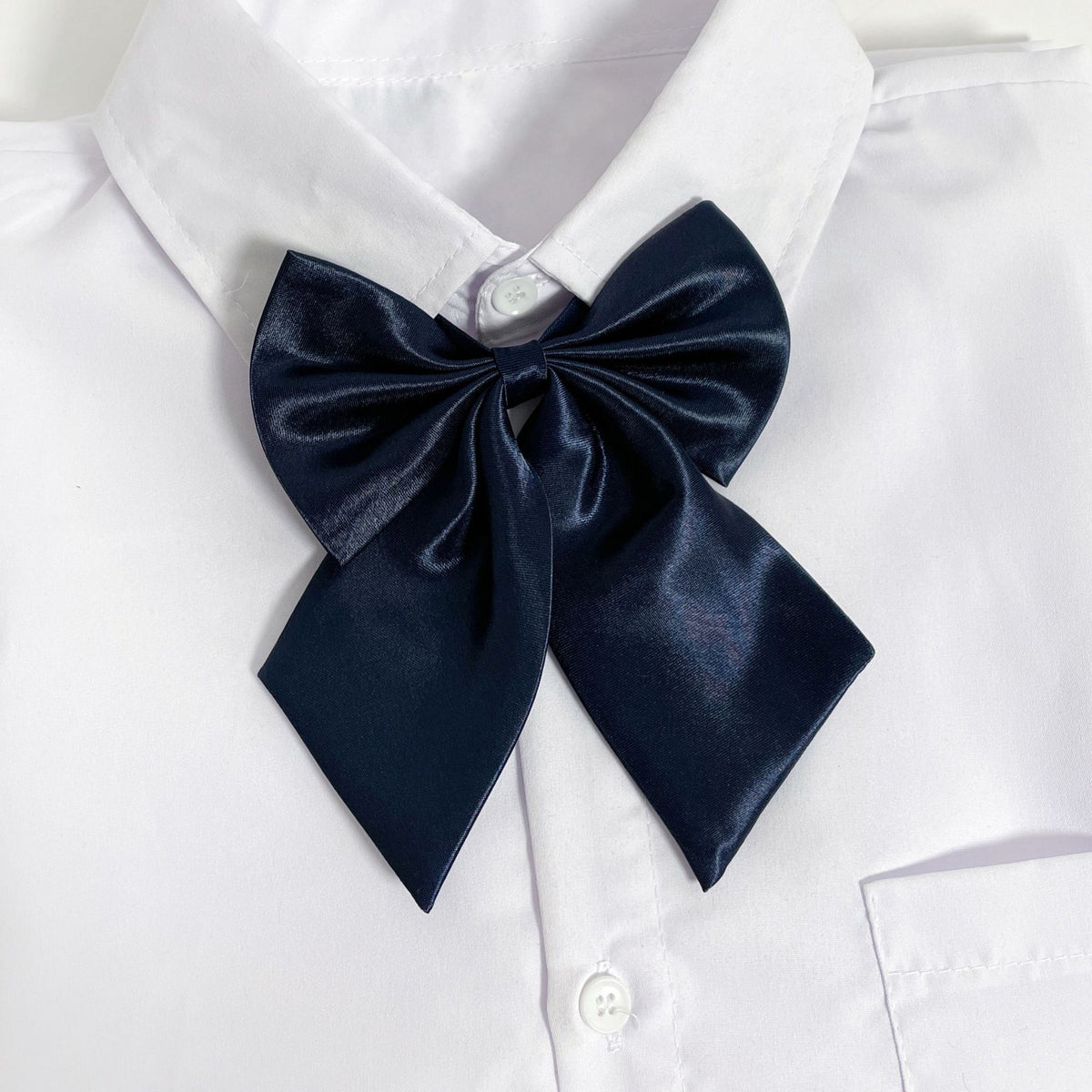 Glossy Satin Ribbon Bow Tie for Uniforms - Navy-Blue
