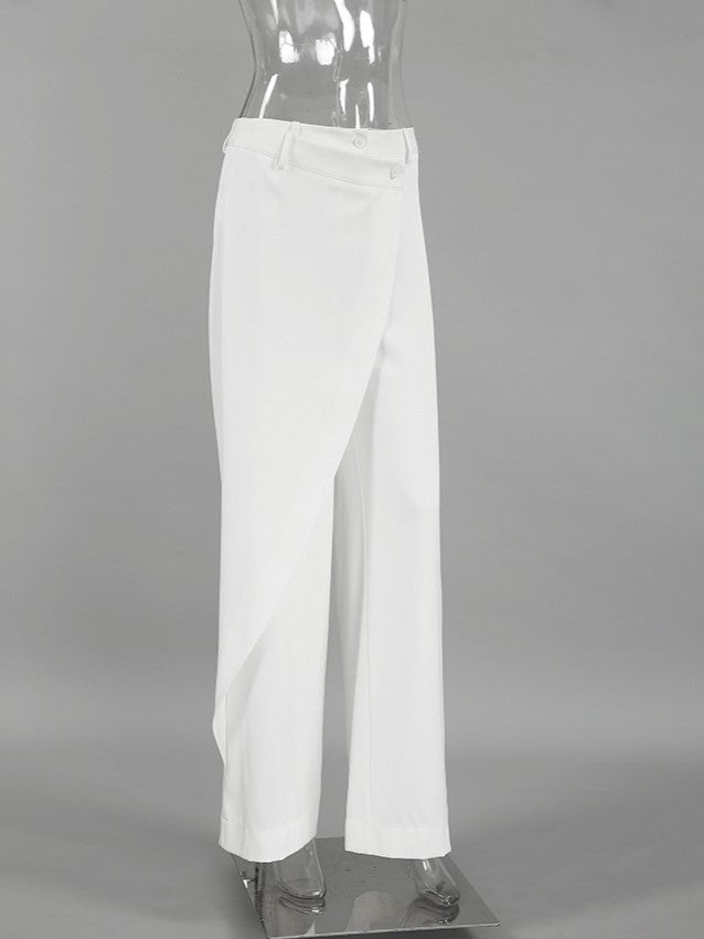 Asymmetric Wrap Front High Waist Wide Leg Pants - White - 3