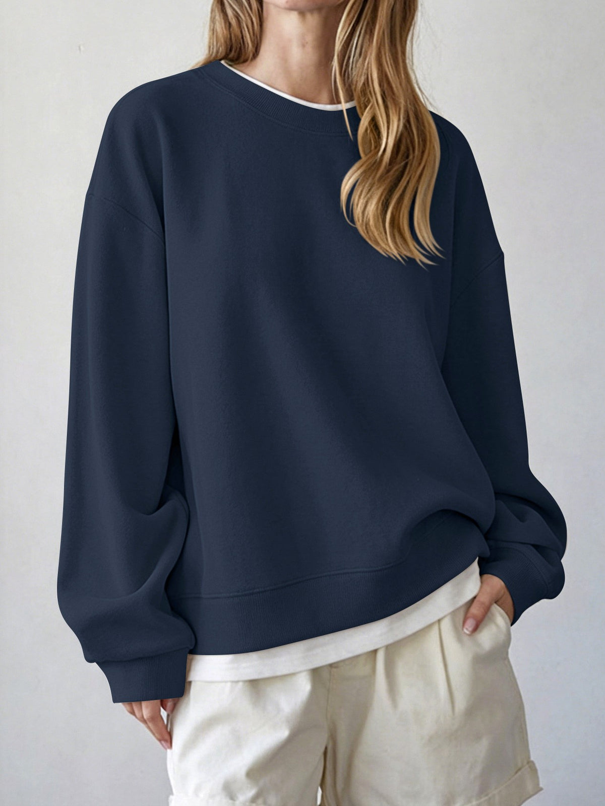 Oversized Drop Shoulder Crewneck Sweatshirt - Navy