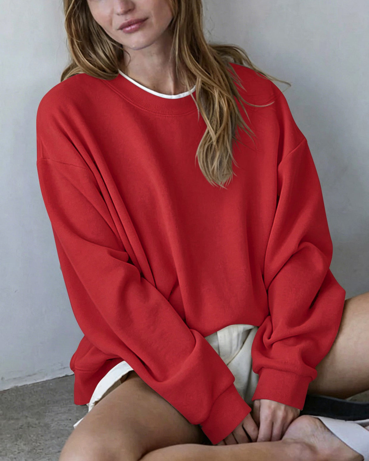 Oversized Drop Shoulder Crewneck Sweatshirt - Red - 1