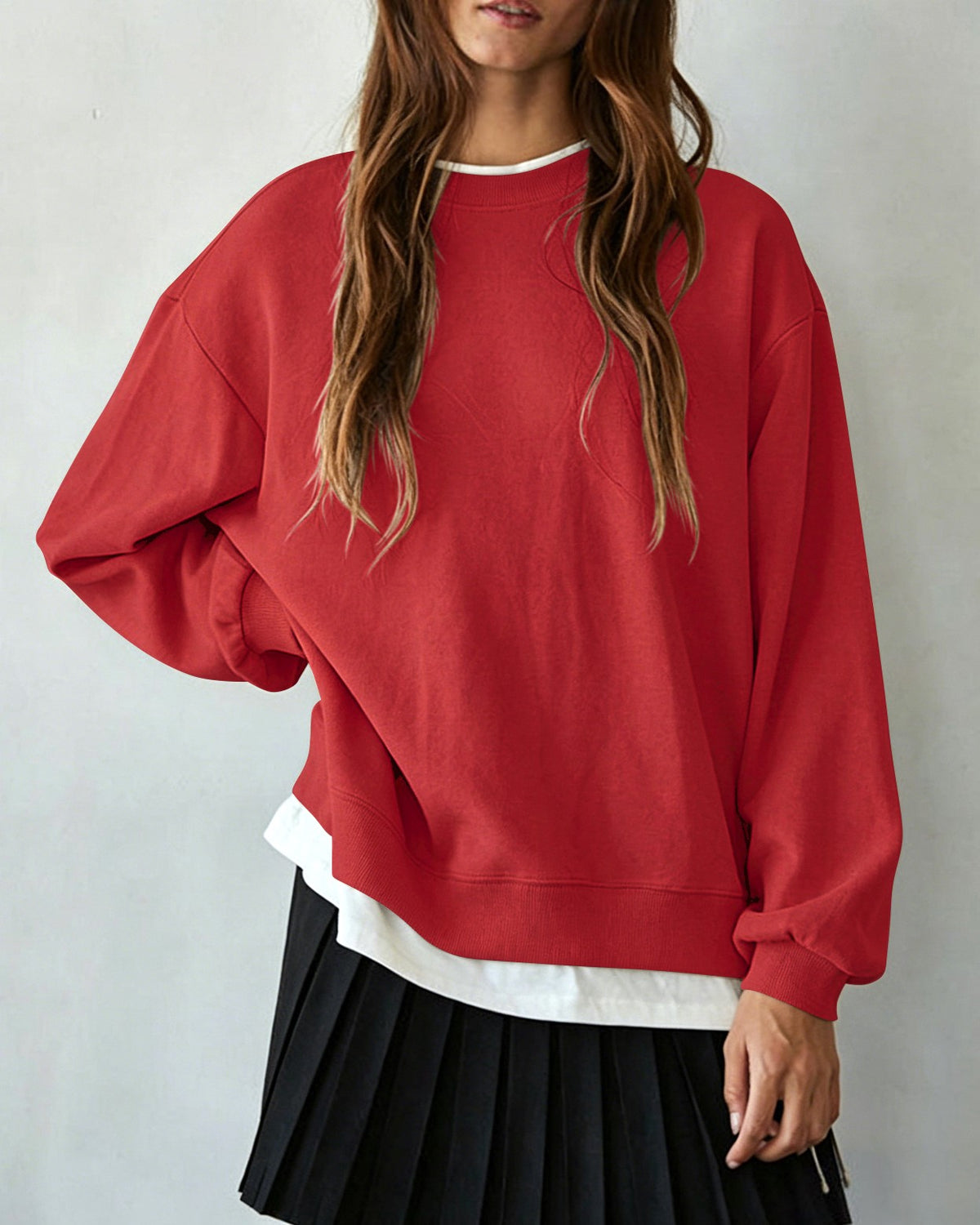 Oversized Drop Shoulder Crewneck Sweatshirt - Red - 2