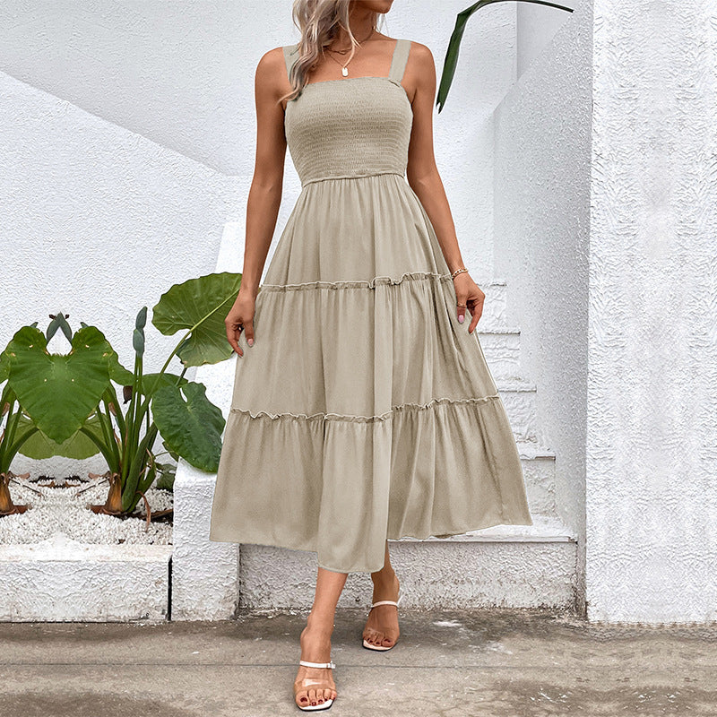 Smocked Bodice Tiered Midi Sundress - Apricot