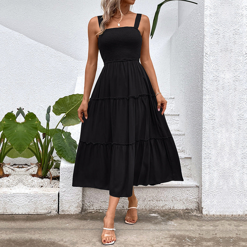 Smocked Bodice Tiered Midi Sundress - Black
