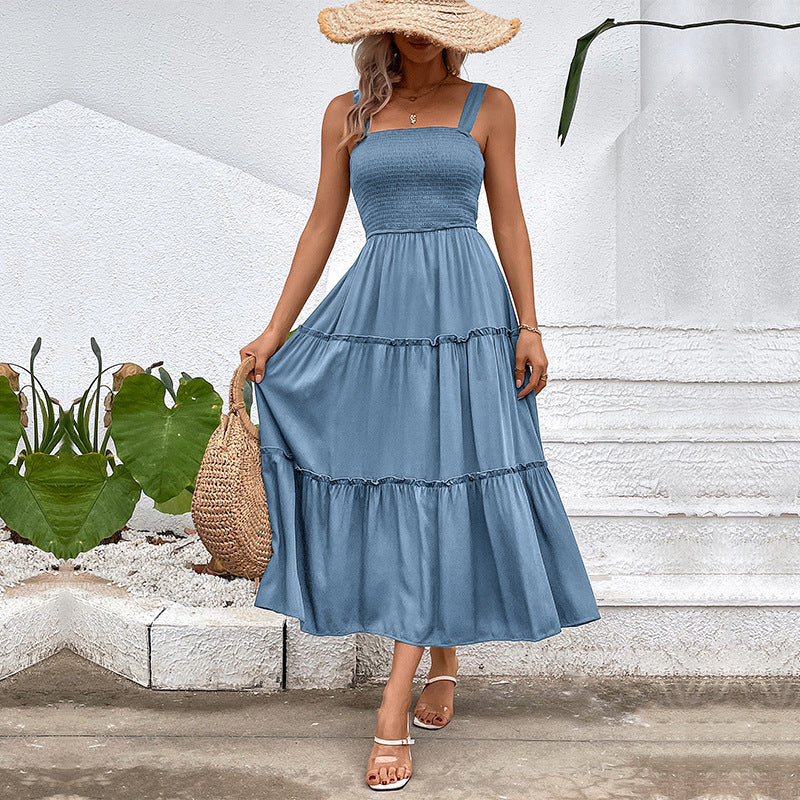 Smocked Bodice Tiered Midi Sundress - Blue