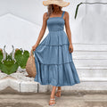 Smocked Bodice Tiered Midi Sundress - Blue