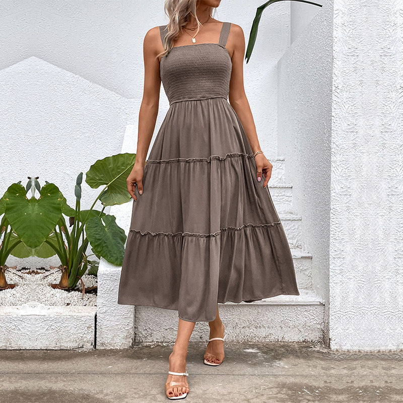 Smocked Bodice Tiered Midi Sundress - Coffee
