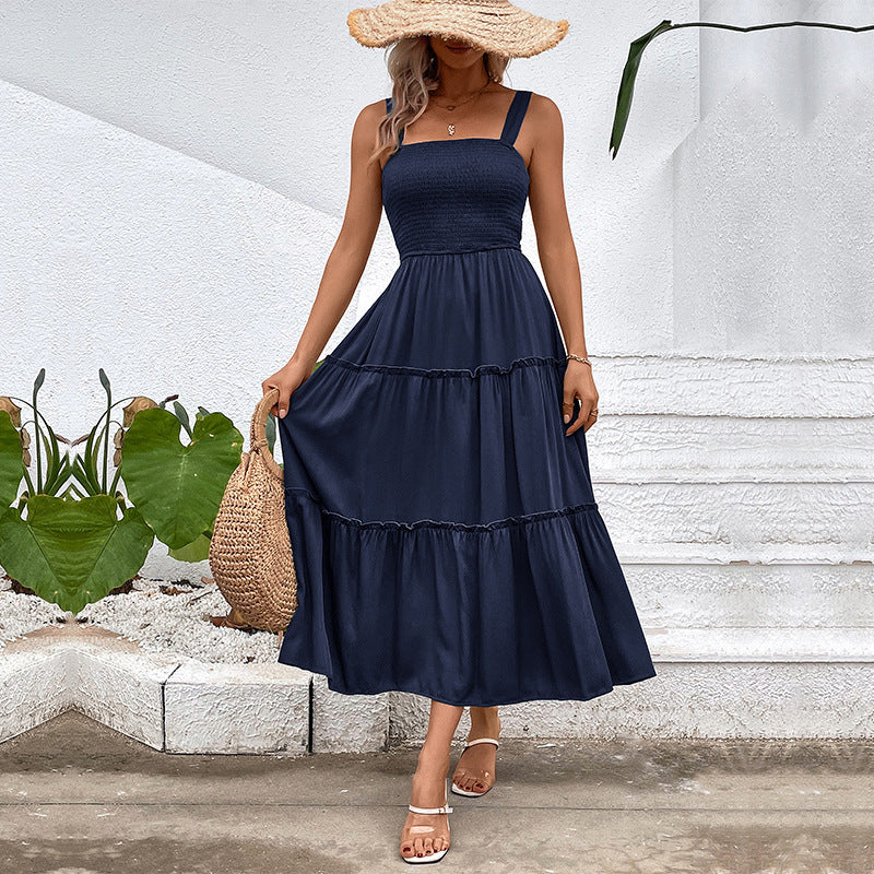Smocked Bodice Tiered Midi Sundress - Darkblue
