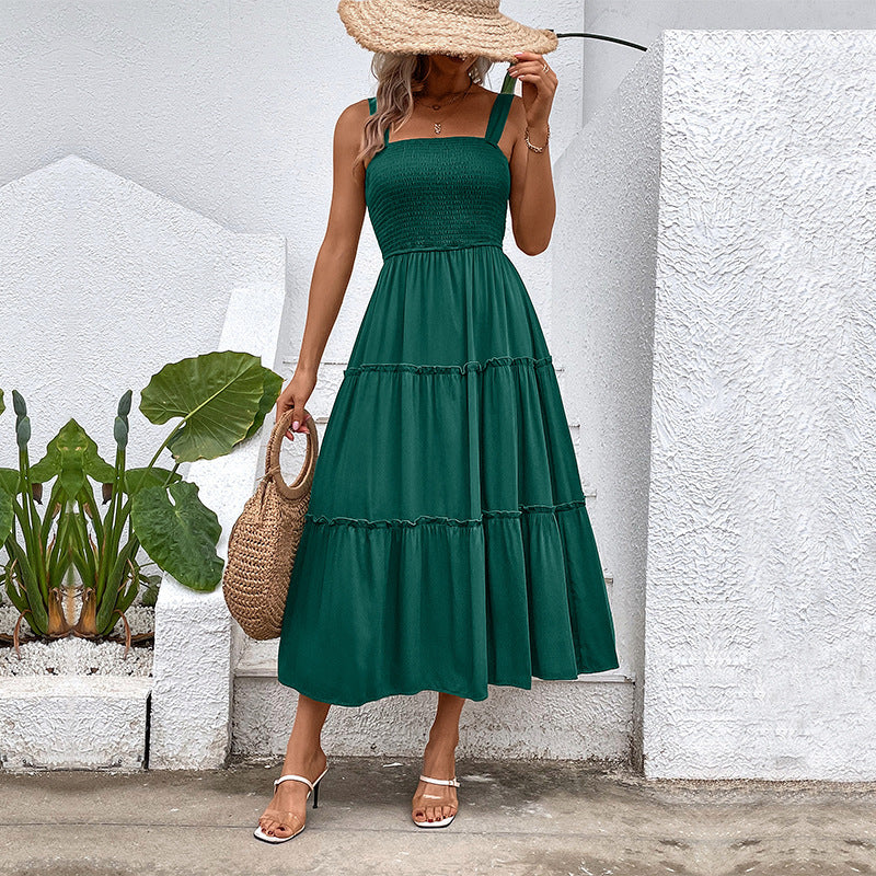 Smocked Bodice Tiered Midi Sundress - Darkgreen