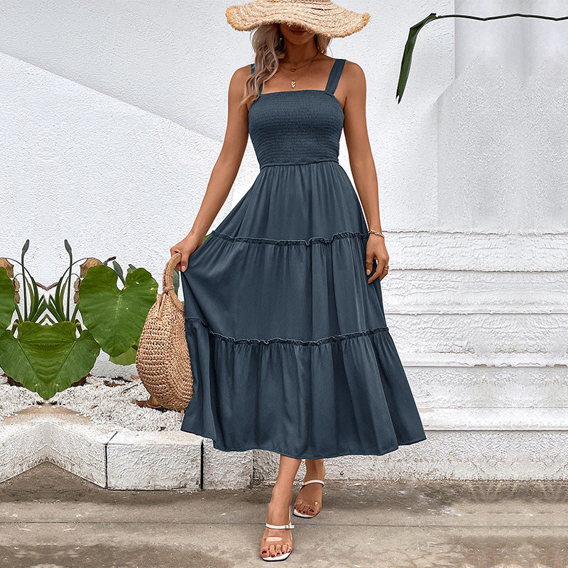 Smocked Bodice Tiered Midi Sundress - Darkgrey