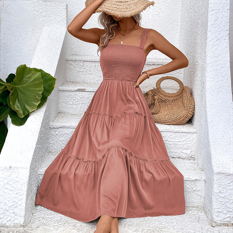 Smocked Bodice Tiered Midi Sundress - Darkpink