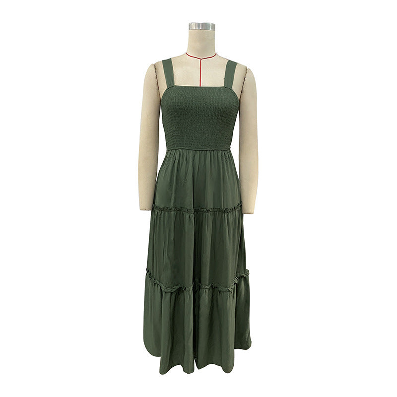 Smocked Bodice Tiered Midi Sundress - Green