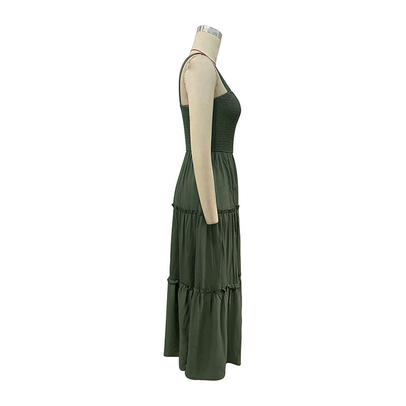 Smocked Bodice Tiered Midi Sundress - Green - 1