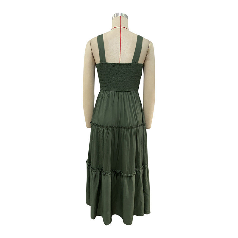 Smocked Bodice Tiered Midi Sundress - Green - 2
