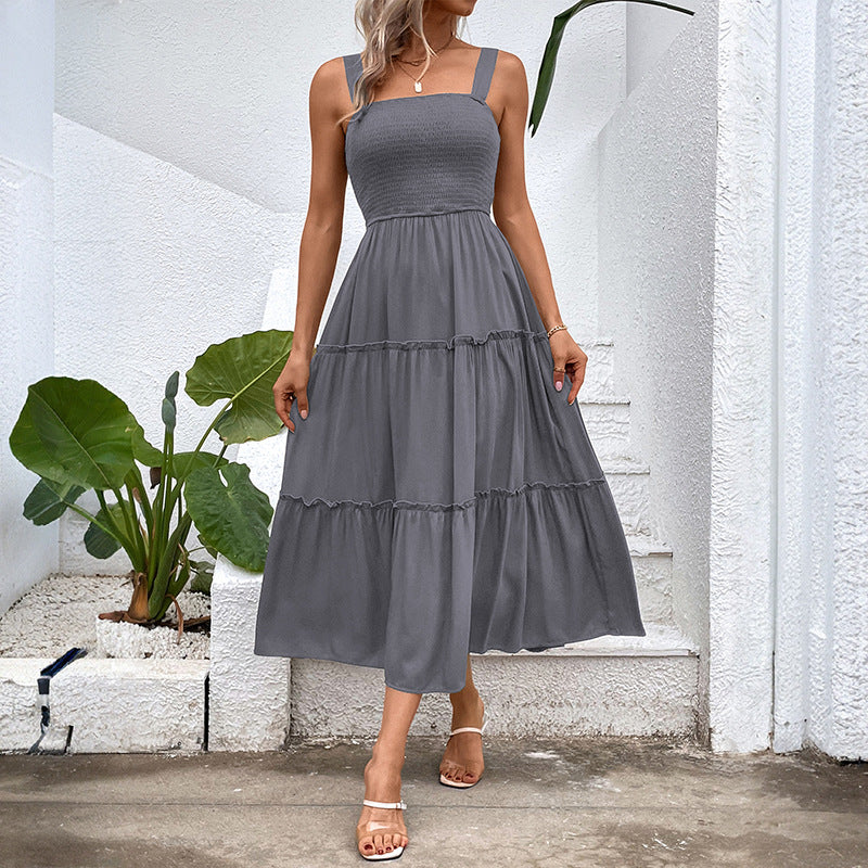 Smocked Bodice Tiered Midi Sundress - Grey