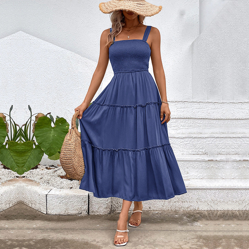 Smocked Bodice Tiered Midi Sundress - Hazeblue