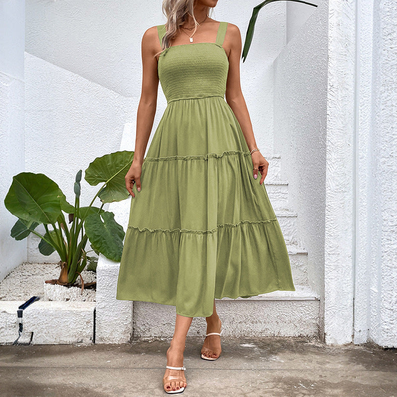 Smocked Bodice Tiered Midi Sundress - Mintgreen