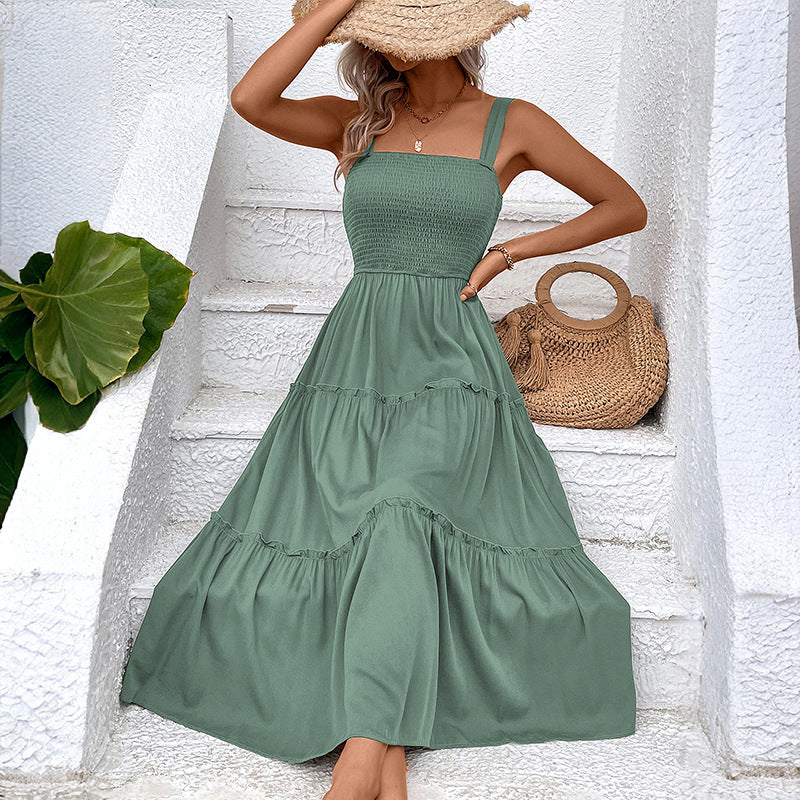 Smocked Bodice Tiered Midi Sundress - Olive