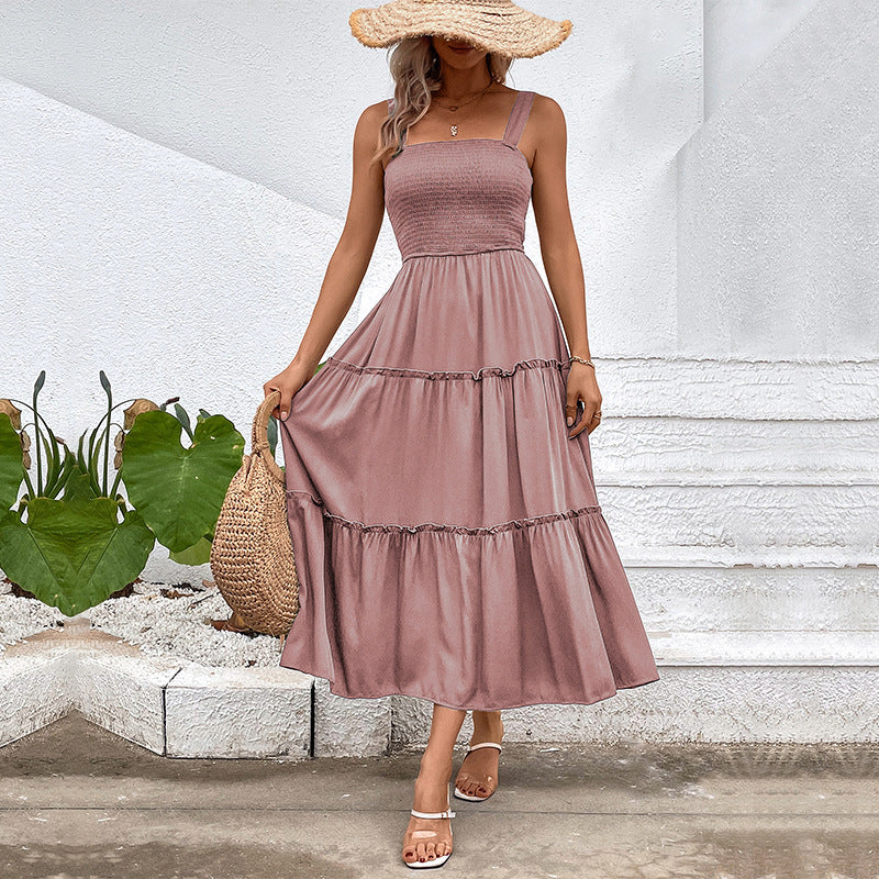 Smocked Bodice Tiered Midi Sundress - Pink