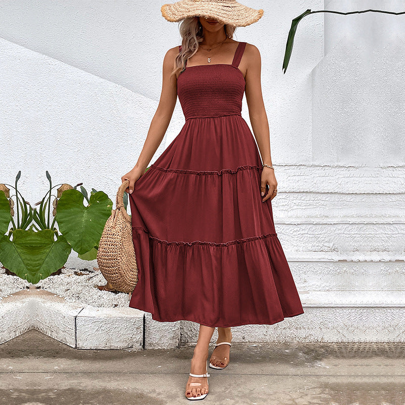 Smocked Bodice Tiered Midi Sundress - Winered
