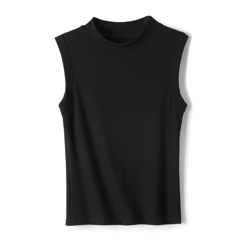 High Neck Ribbed Tank Top - Black