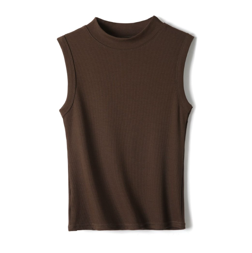 High Neck Ribbed Tank Top - Coffee