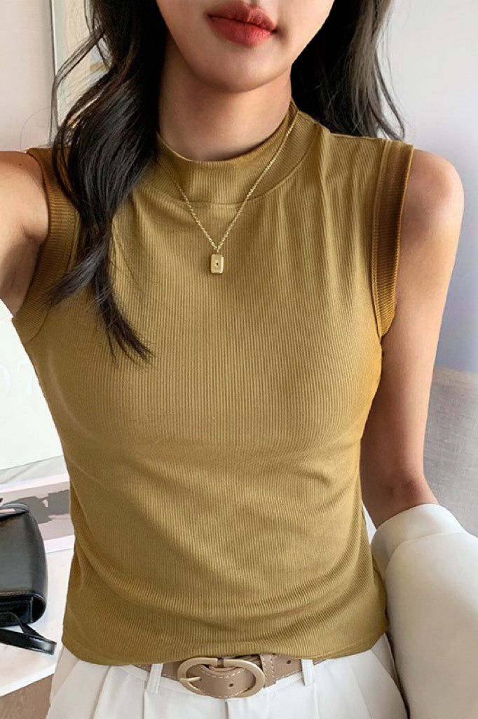 High Neck Ribbed Tank Top - Mustard