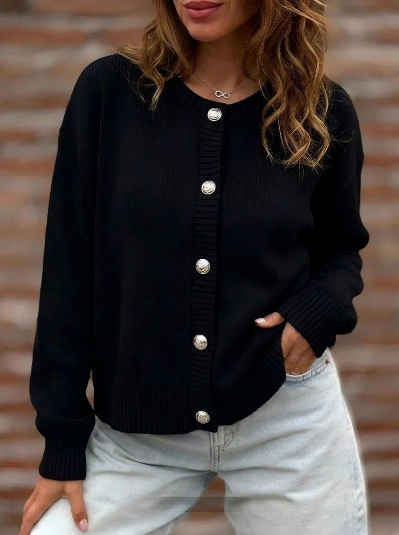 Pearl Button Ribbed Knit Cardigan Sweater - Black