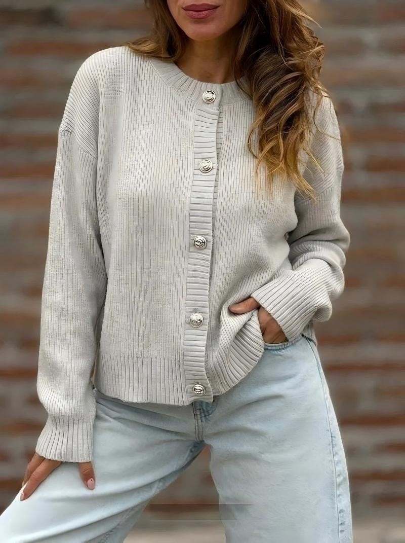 Pearl Button Ribbed Knit Cardigan Sweater - Gray
